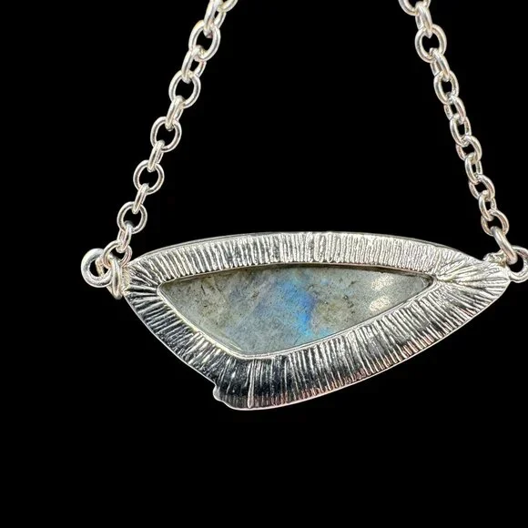 Silver Toned Chain Necklace W/ Labradorite Pendant & Rhinestone Boho Chic - Picture 4 of 7